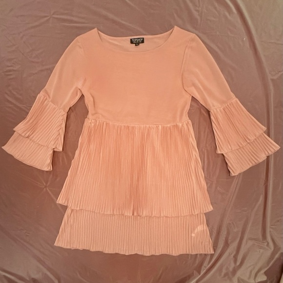 Topshop Blush Pink Long Sleeve Pleated Tiered Mini Dress Size 2/XS - Picture 2 of 8